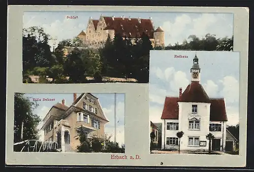 AK Erbach a. D., Blick auf Schloss, Villa Dehner und Rathaus