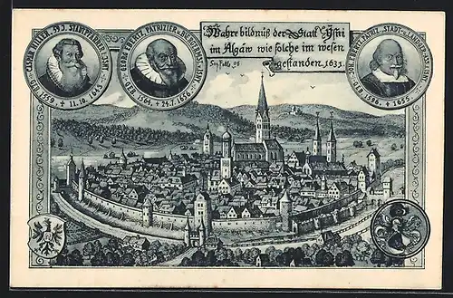 Künstler-AK Eugen Felle: Isny i. A., Historische Stadtansicht anno 1631, Caspar Hiller, Georg Ebertz