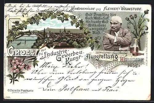 Lithographie Heilbronn, Industrie-Gewerbe- und Kunst-Ausstellung 1897, Oberbürgermeister beim Wein, Ortsansicht