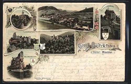 Lithographie Schönau, Ortsansicht mit Hotel Mischler, Fleckenstein, Wegenburg