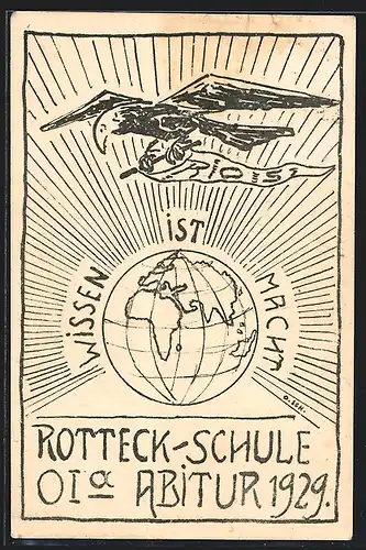 Künstler-AK Freiburg i. Br., Absolvia Abitur 1929 Rotteck-Schule, Adler und Weltkugel