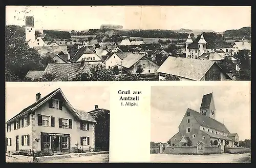 AK Amtzell, Handlung v. Ferdinand Ortmann, Kirche, Blick zum Ort