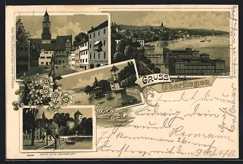 Lithographie Überlingen, Hofstadt, Hafen mit St. Johannsturm, Blick zum Ort
