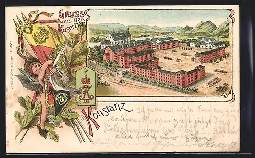Lithographie Konstanz, Kasernen des Königlichen Regiments, Engel mit Fahnen