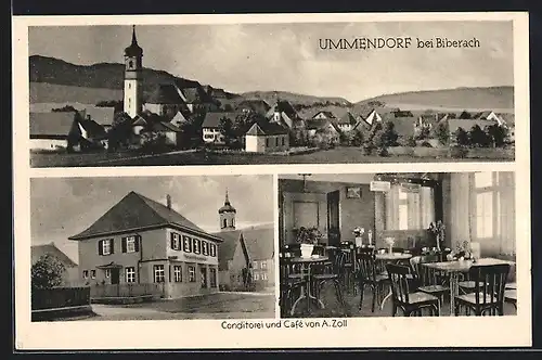 AK Ummendorf bei Biberach, Konditorei und Cafe von A. Zoll, Innenansicht, Teilansicht mit Kirche
