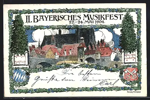 Künstler-AK Regensburg, II. Bayerisches Musikfest 1904, Teilansicht mit Kirche