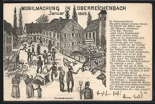 Künstler-AK Oberreichenbach, Mobilmachung vor dem Rathaus 1905