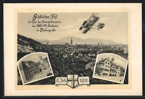 AK Freiburg i. B., Feier der Immatrikulation des 3000sten Studenten 1911, Totalansicht mit Flugzeug