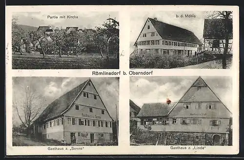 AK Römlinsdorf b. Oberndorf, Gasthaus zur Sonne, Gasthaus zur Linde, Bei der Mühle