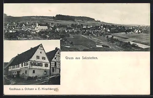 AK Salzstetten, Gasthaus zum Ochsen von E. Hirschberger, Teilansicht mit Kirche