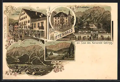 Lithographie Mittenwald, Hotel zur Post, Am Lauter-See