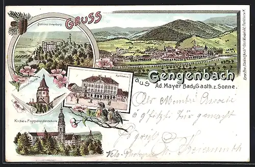 Lithographie Gengenbach, Rathaus, Schloss Ortenberg, Kirche & Praeparandenschule