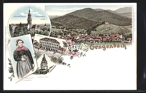 Lithographie Gengenbach, Nicolaus-Thurm, Klosterkirche, Ortsansicht, Frau in Tracht aus dem Kinzigthal
