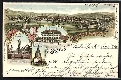 Lithographie Gengenbach, Rathaus, Marktbrunnen, Nikolaus-Turm