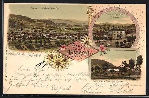 Lithographie Haslach, Ortsansicht von der Waldteufelseiche, Post und Gewerbeschule, Kapuzinerkloster