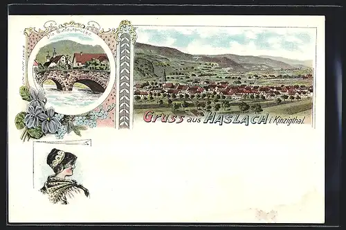 Lithographie Haslach i. Kinzigthal, Teilansicht, Die Gutleutbrücke, Frau in Tracht