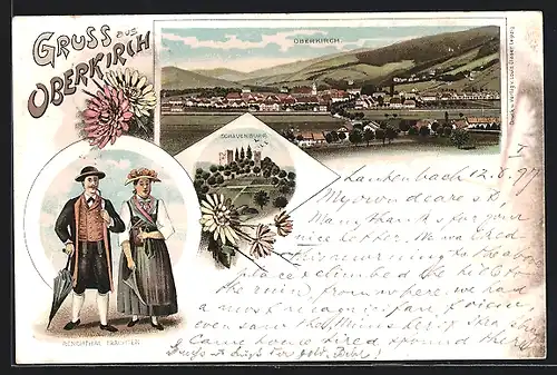 Lithographie Oberkirch, Schauenburg, Ortsansicht, Paar in Renchthaler Tracht
