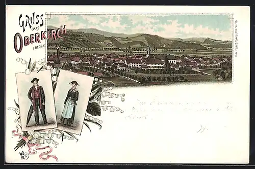 Lithographie Oberkirch i. Baden, Teilansicht, Mann und Frau in Tracht