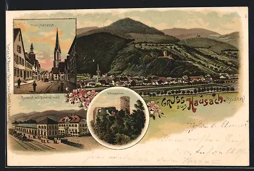 Lithographie Hausach, Hauptstrasse, Bahnhof mit Bahnhof-Hotel, Totalansicht, Schlossruine