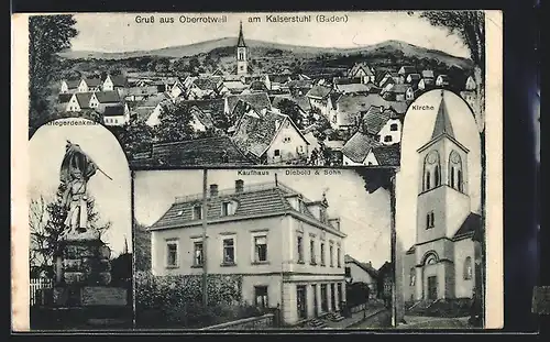 AK Oberrotweil, Totalansicht, Kriegerdenkmal, Kirche, Kaufhaus Diebold & Sohn