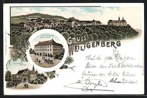 Lithographie Heiligenberg, Totalansicht, Hotel & Pension Adler, Fürstliches Schloss