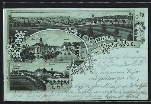 Mondschein-Lithographie Kloster-Wald, Brauerei Angele und Kloster, Gasthaus zum Adler, Teilansicht