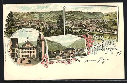 Lithographie Oberndorf a. Neckar, Marktplatz und Gesamtansicht