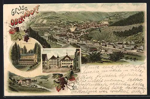 Lithographie Oberndorf a. Neckar, Schützenhaus und Marktplatz