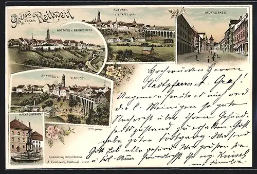 Lithographie Rottweil, Teilansicht mit Viadukt, Marktbrunnen, Hauptstrasse