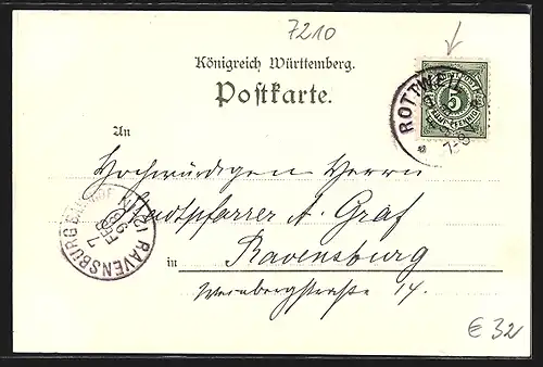 Lithographie Rottweil, Teilansicht mit Viadukt, Marktbrunnen, Hauptstrasse