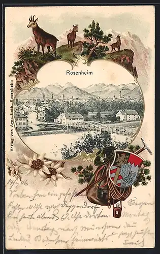 Passepartout-Lithographie Rosenheim, Totalansicht, Gämse, Wappen