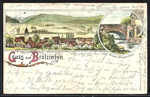 Lithographie Brötzingen, Ortsansicht, Brücke in Weissenstein