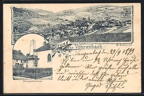 Lithographie Vöhrenbach, Kriegerdenkmal, Ortsansicht aus der Vogelschau