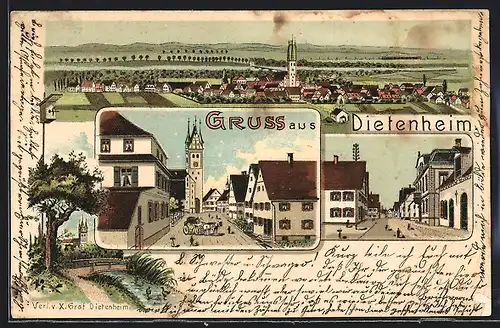 Lithographie Dietenheim, Strassenpartien und Totalansicht