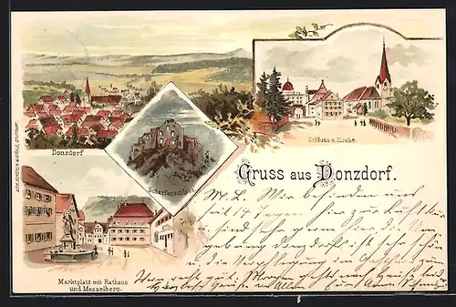 Lithographie Donzdorf, Marktplatz mit Rathaus und Messelberg, Schloss und Kirche