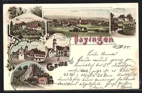 Lithographie Hayingen, Rathaus und Bildhauerei, Schloss Ehrenfels, Stadt-Kirche