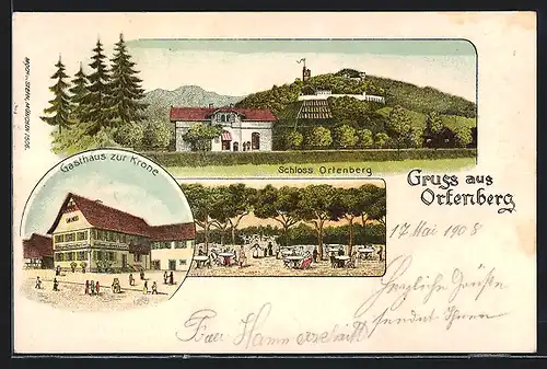 Lithographie Ortenberg, Gasthaus zur Krone, Schloss