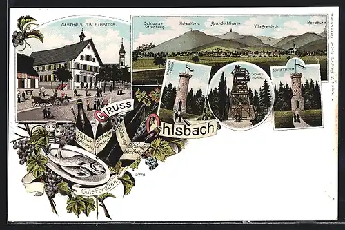Lithographie Ohlsbach, Gasthaus zum Rebstock, Brandeck-Thurm, Moosthurm
