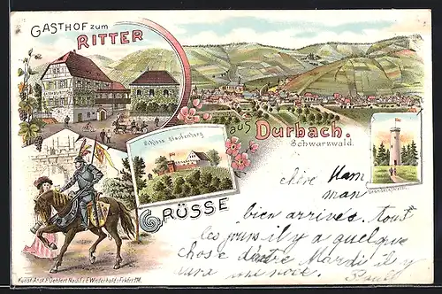 Lithographie Durbach, Gasthof zum Ritter, Schloss Staufenberg