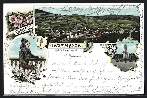 Lithographie Vöhrenbach /bad. Schwarzwald, Krieger-Denkmal, Ortsansicht, Schwarzwälderin in Tracht