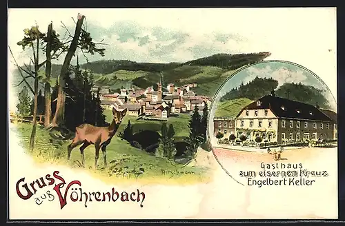 Lithographie Vöhrenbach, Gathaus zum eisenern Kreuz von Engelbert Keller, Totalansicht, Reh