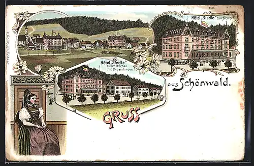Lithographie Schönwald, Hotel Siedle zum Hirschen, Teilansicht vom Ort