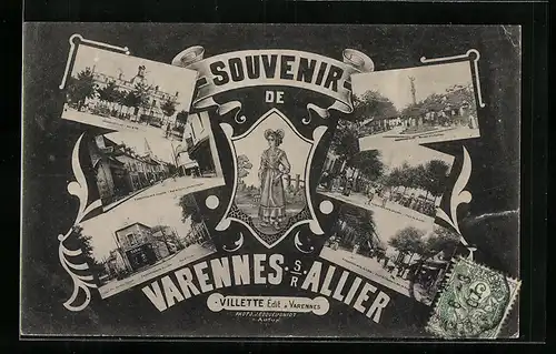 AK Varennes-sur-Allier, Sechs Ansichten aus dem Ort und Frau in Tracht