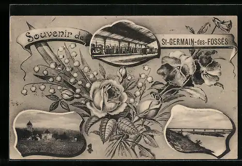 AK Saint-Germain-des-Fossès, Drei Ansichten aus dem Ort mit Blumen verziert
