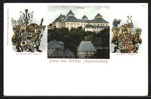 AK Augustusburg, Schloss mit kursächsisches Wappen und dänisches Wappen