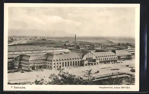 AK Karlsruhe, Hauptbahnhof von oben gesehen