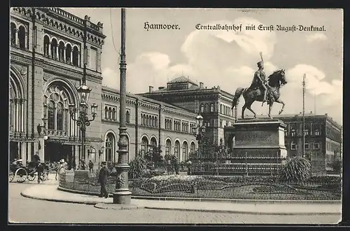 AK Hannover, Centralbahnhof und Ernst-August-Denkmal