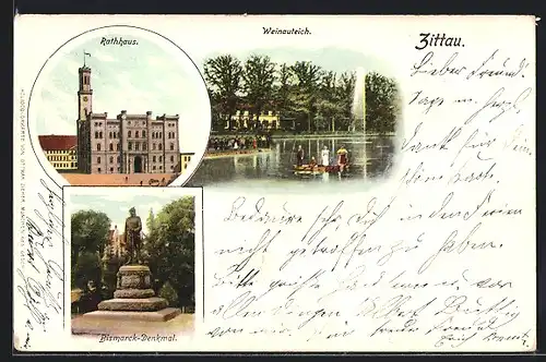 AK Zittau, Weinauteich, Rathaus, Bismarck-Denkmal