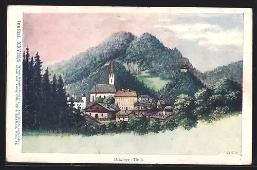 Künstler-AK Brixlegg, Ortspartie im Gebirge