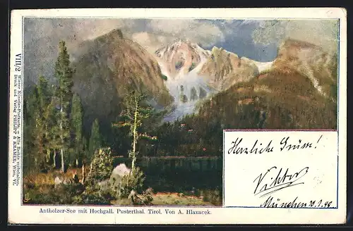 Künstler-AK Philipp + Kramer Nr. VIII /2: Antholzer-See, Blick ins Pusterthal mit Hochgall
